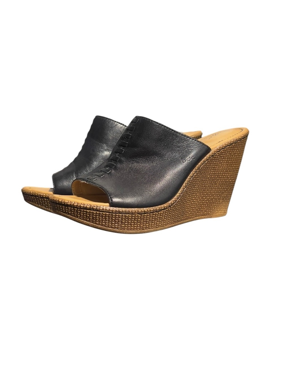 boc Black Leather Wedge Slide with Tan Woven Platform